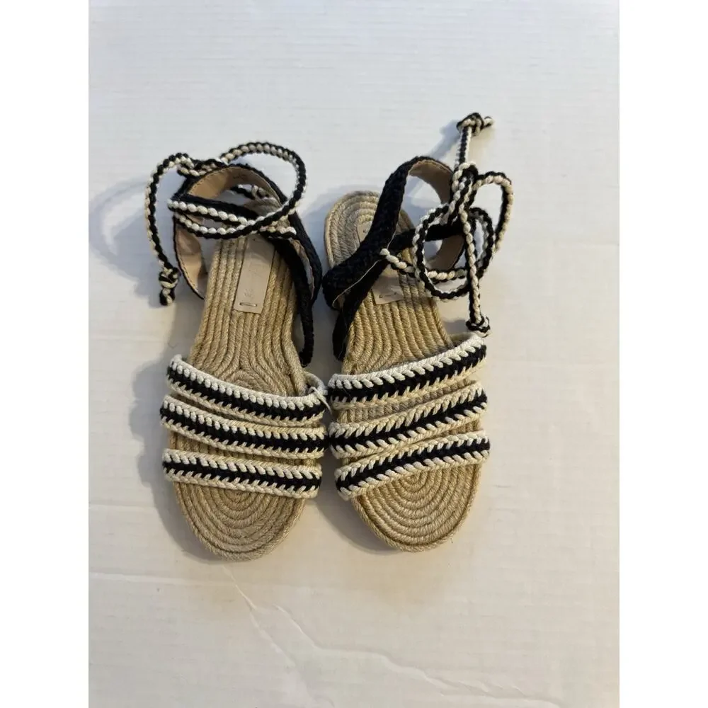 NWT Zara Black Cream Espadrille Crochet Strappy Sandal Girls 2 Boho Beach